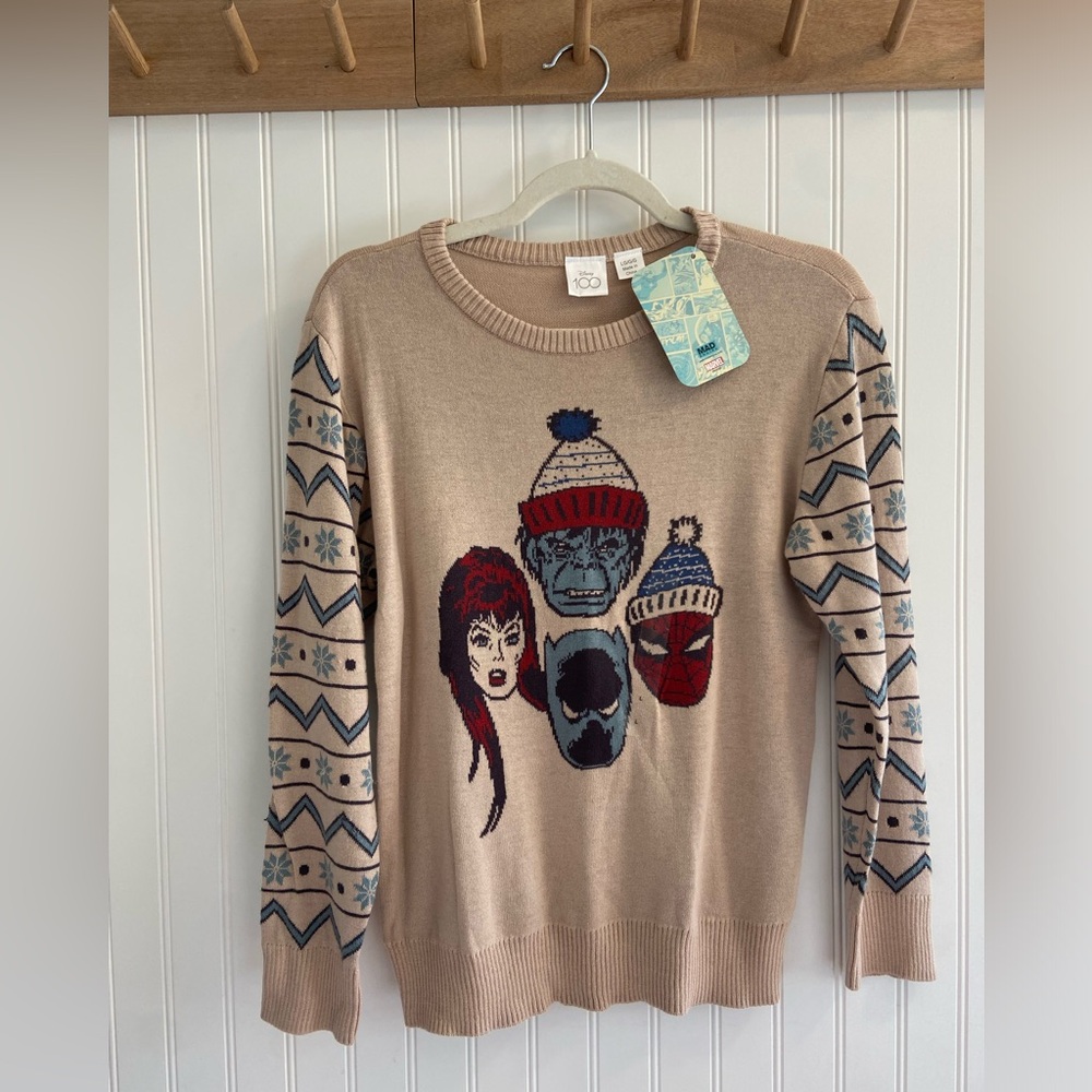 Disney Marvel Faire Isle Sweater Hulk Batman Spider-Man Tan Red Boys L NWT